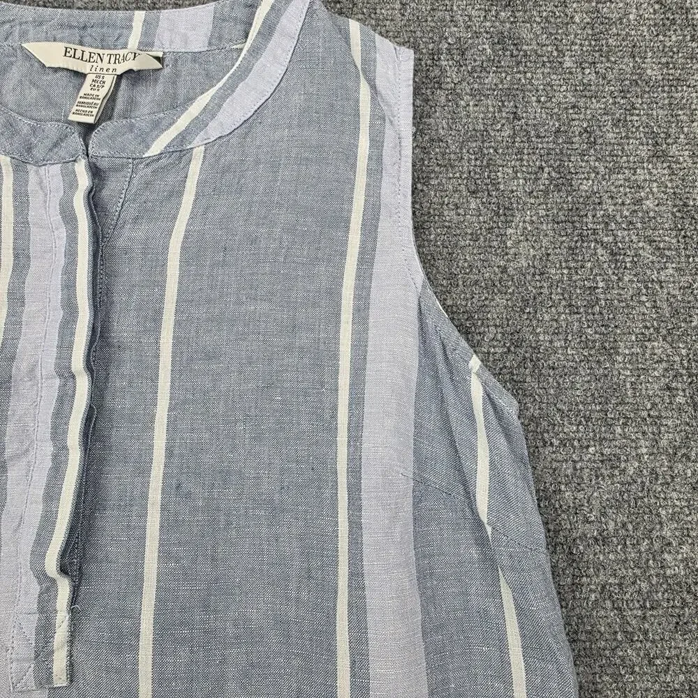 Ellen Tracy Shirt Womens Small Blue Striped Linen Sleeveless Button Summer Top - Picture 12 of 16